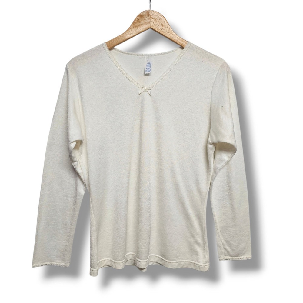 Vintage Cream Thermal Top L Lace Trim Bow Womens Pointelle Coquette Soft Girl